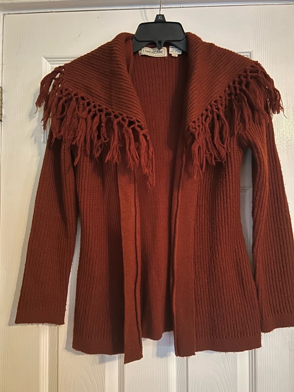 Vintage Rust Open-Front Fringe Collar Cardigan